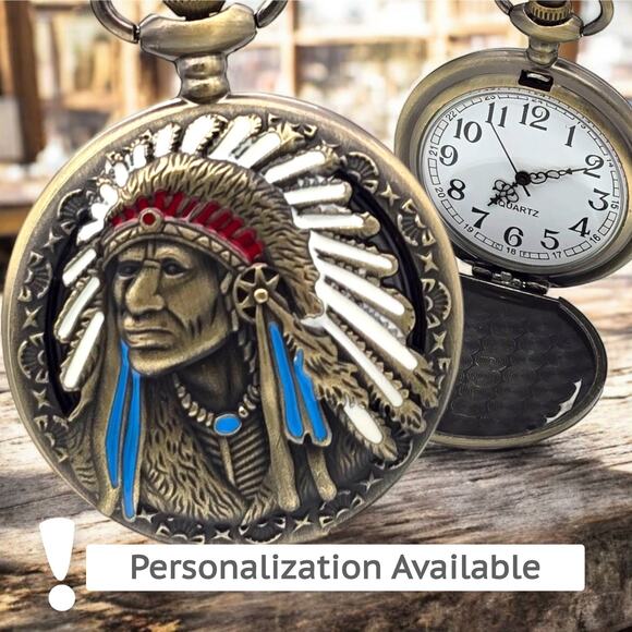 Tribal Chief Pocket Watch - Native American Art, Indian Motorcycle Gift Keepsake - Picture 1 of 9